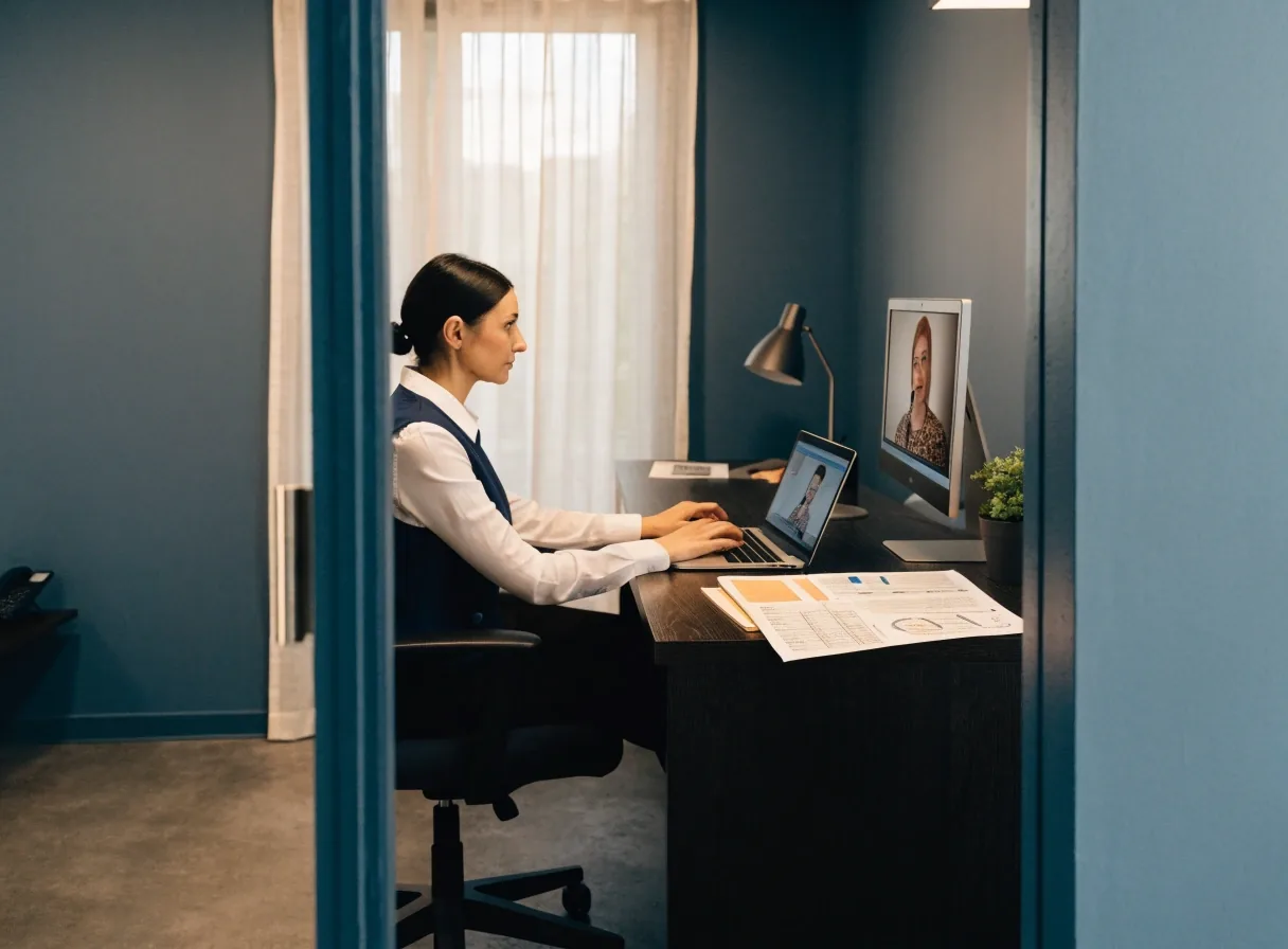 A registered dietitian seen across a plain consultation room from the doorway, sitting at a desk