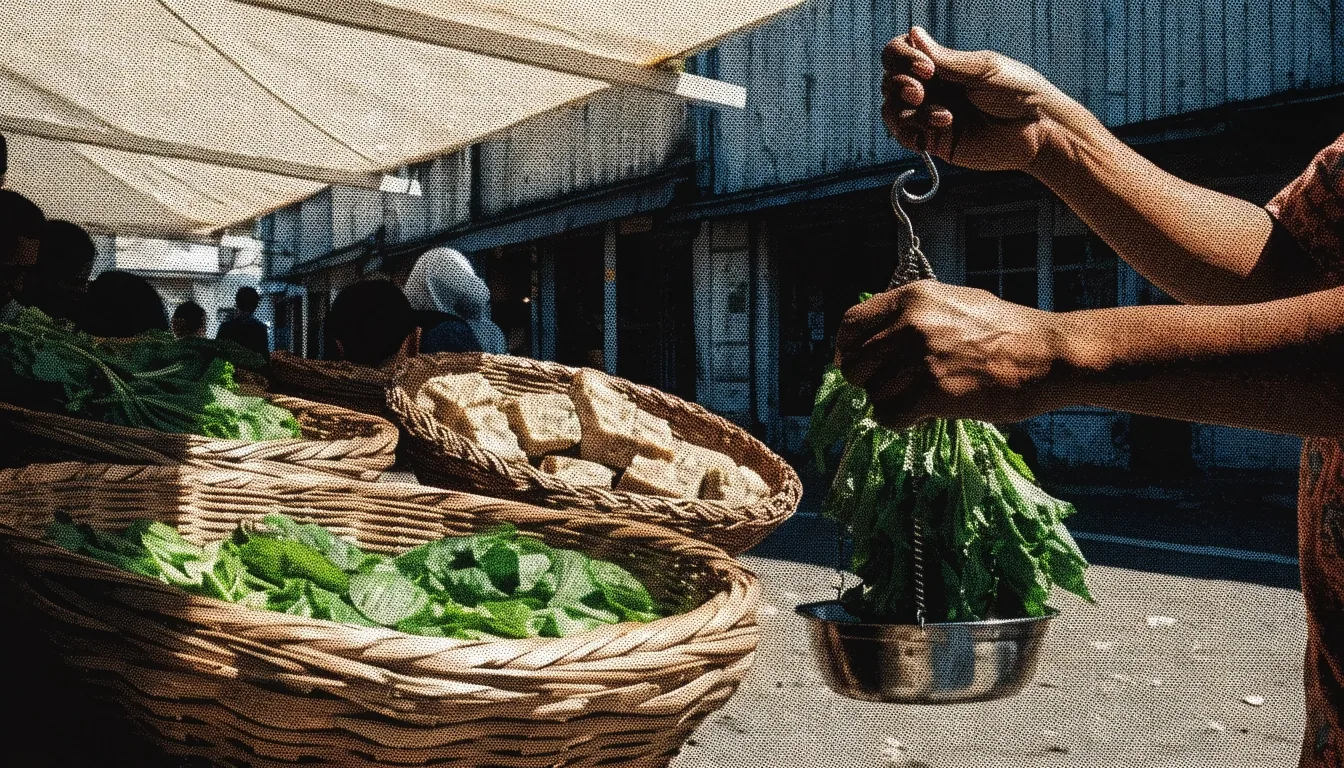 Market stall in Bandung at noon with fresh vegetables and tempeh, a vendor weighing produce by hand