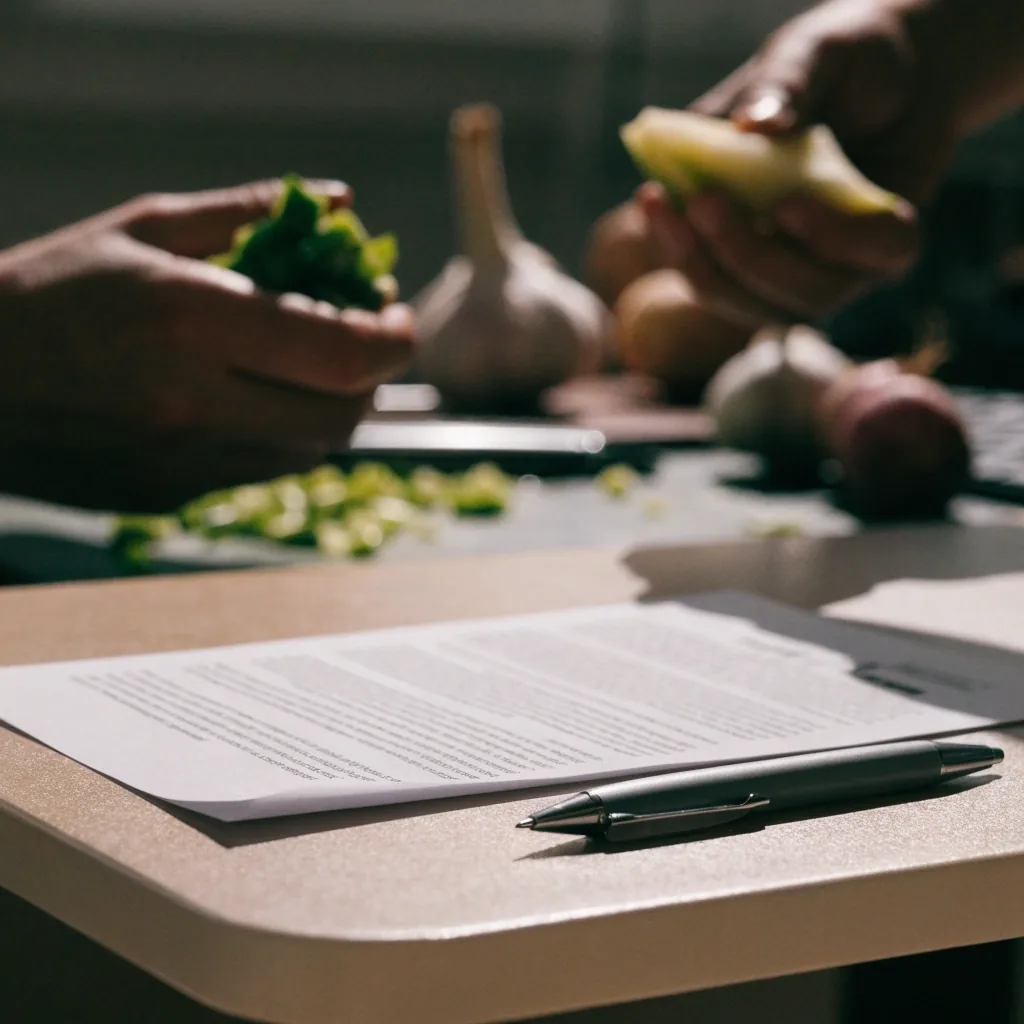 A printed sheet turned face-down on a card table with a pen, hands preparing vegetables out of focus behind