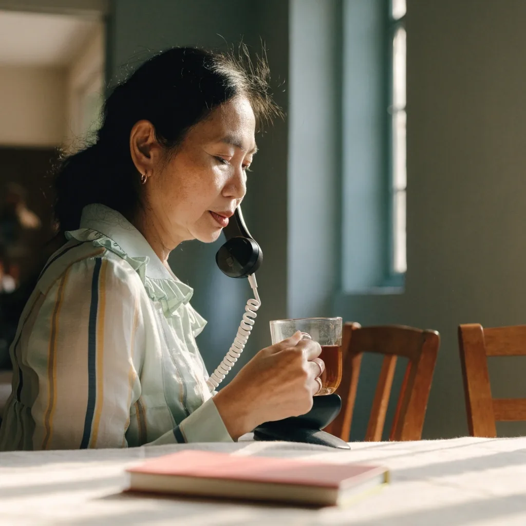 An Indonesian woman speaking with a dietitian by phone chat at her dining table