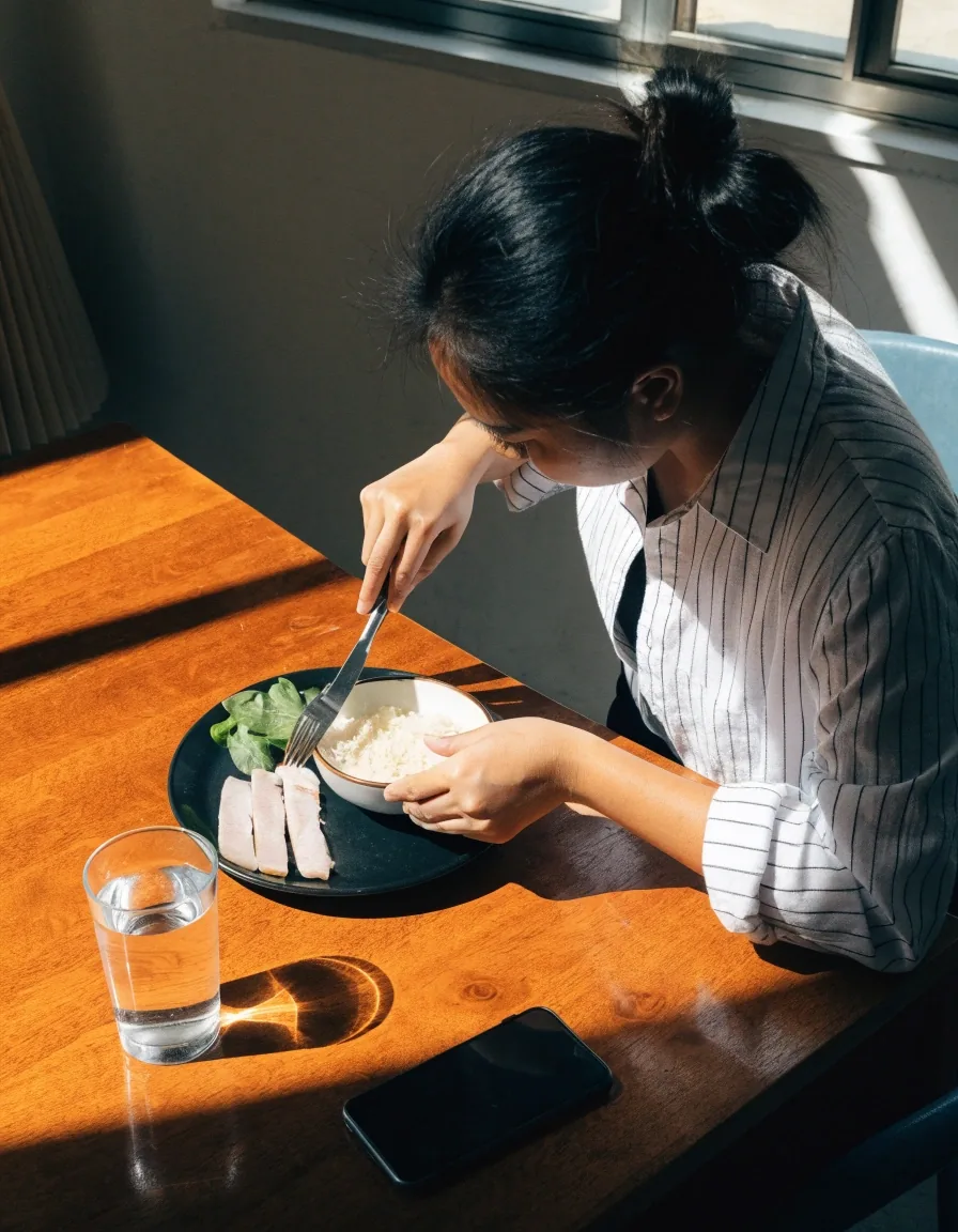 A noon-lit home kitchen counter in Indonesia with rice, fresh fish on a board, cut greens, and a steel pot