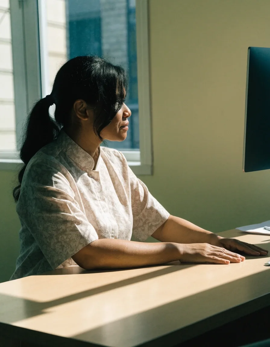 A dietitian seated at a plain desk in a noon-lit consultation room, screen turned away