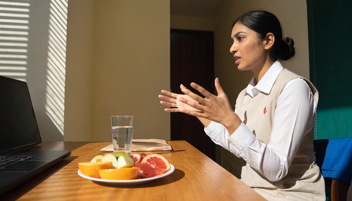 A printed meal plan sheet face-down on a wooden table with a pen and hands preparing vegetables out of focus behind