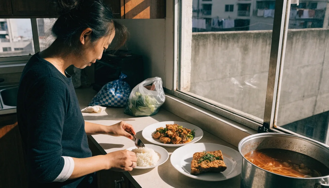 A family dining table set with rice, greens, tempeh and soup under hard midday light